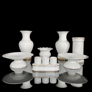 Bộ Đồ Thờ - Sét Đồ Thờ Phụng Màu Trắng Viền Vàng Cao Cấp. Gồm Bình, Lư, Dĩa, Án, Chung Bi...