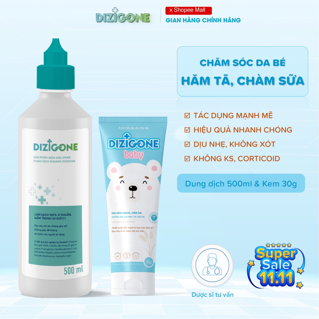 Dung dịch kháng khuẩn DIZIGONE 500ml & Kem DIZIGONE Baby 30g: Đẩy lùi hăm tã, chàm sữa & bảo vệ da bé