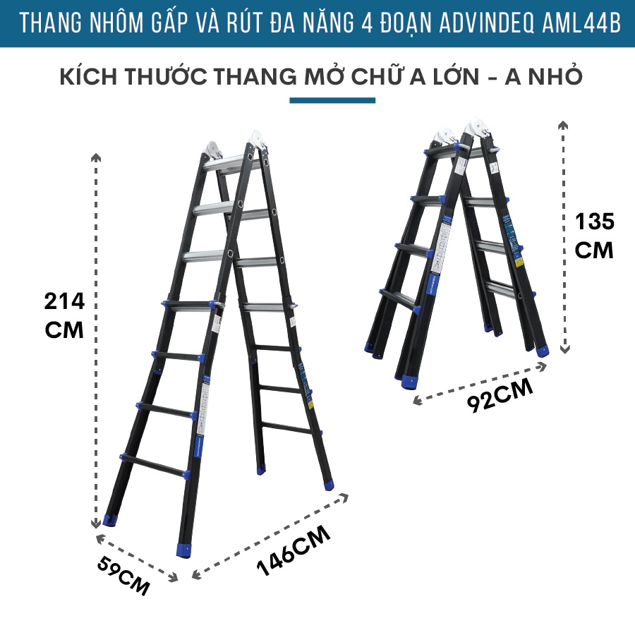 Thang Nhôm Gấp Và Rút Đa Năng 4 Đoạn 4,4m ADVINDEQ AML44, linh hoạt 5 tư thế, khóa sập tự động an toàn, tải trọng 150kg