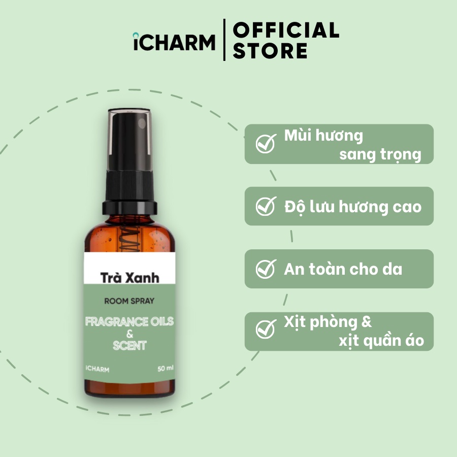 Xịt thơm phòng & quần áo hương Trà xanh iCHARM, khử mùi hôi, ẩm mốc, an toàn với da