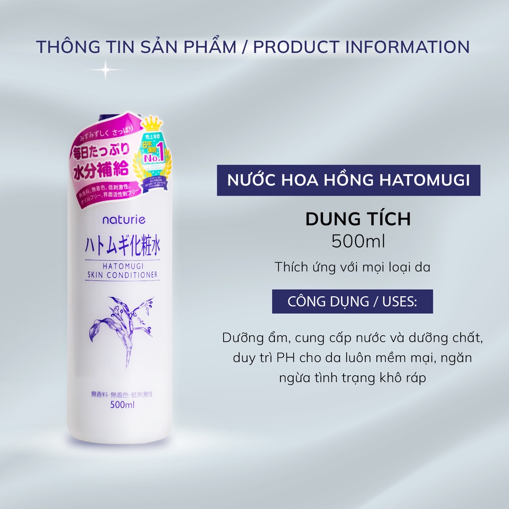 Nước hoa hồng toner ý dĩ Hatomugi Nhật Bản Naturie Skin Conditioner Lotion 500ml Date tháng 12/2025