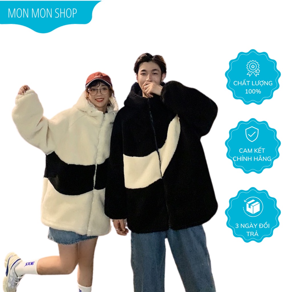 Áo Khoác Lông cừu Có Mũ Form Rộng Áo Khoác Lông Unisex Nam Nữ Phối Màu Đen Trắng G0182