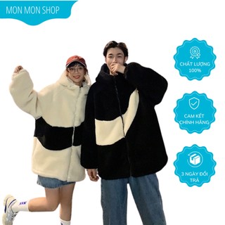 Áo khoác lông cừu có mũ form rộng áo khoác lông unisex nam nữ phối màu đen trắng g0182