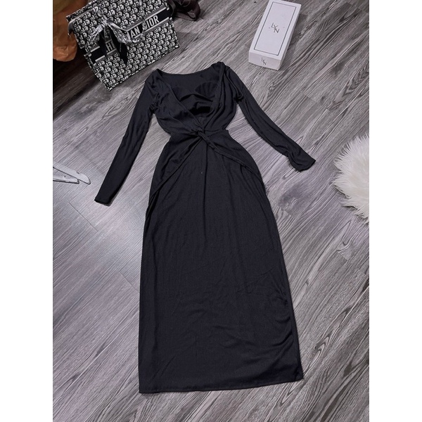 Đầm Gân Tăm Tay Dài Hở Xoén Lưng Kiểu Cách Tao Nhã Dáng Dài Xoè