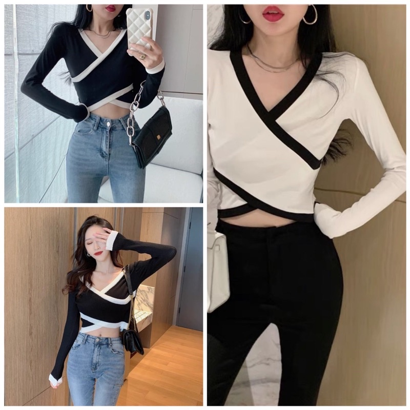 Áo kiểu thun croptop tay dài phối đan xéo cho nữ cá tính