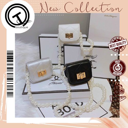 Túi đeo chéo QT STORE túi mini chuỗi ngọc trai da PU đủ màu (Đen, Trắng, Bạc) thời trang bền bỉ