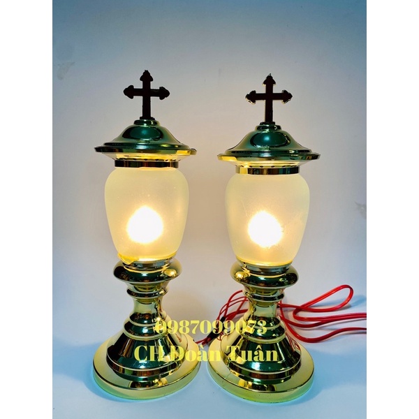 Cặp đèn thờ Công Giáo Thánh Giá - Đèn điện xi màu đồng