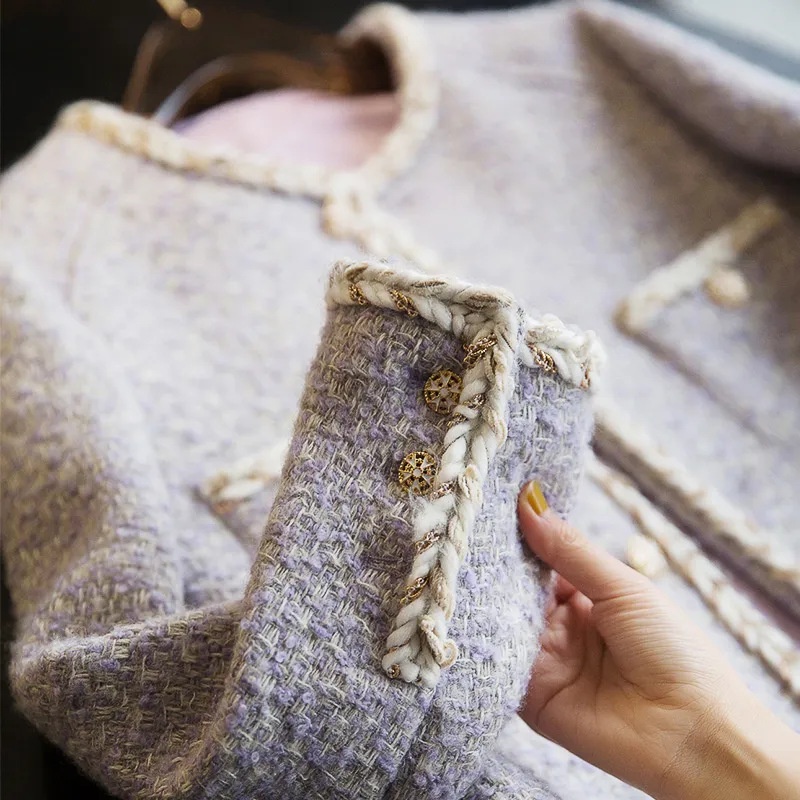 Áo khoác dạ tím tweed phong cách tiểu thư, hoàng gia dáng ngắn áo cardigan dạ dày dặn