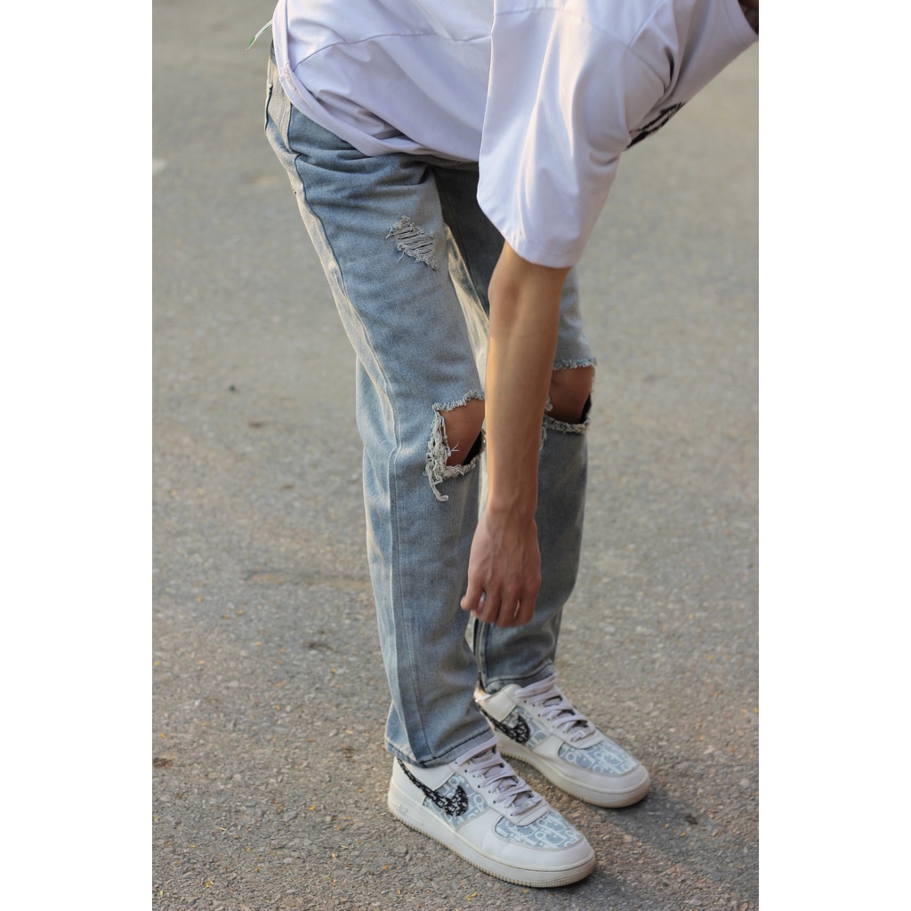 Quần bò nam ống suông rách gối khóa zip mới c807 Pon.mens