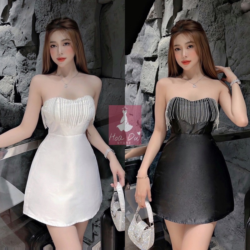 Đầm cao cấp kết đá tua rua Bling dáng xoè cúp ngực quyến rũ tiệc tùng sang chảnh