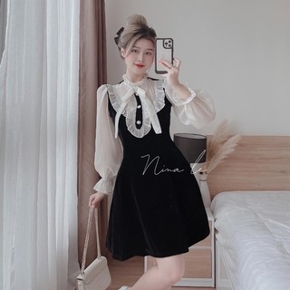 Váy nhung phối tay Cổ nơ tay Chun