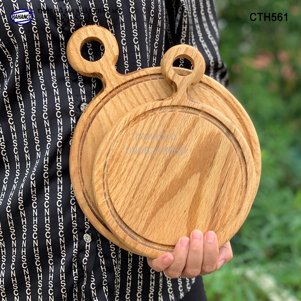 Thớt Khay gỗ sồi Mỹ (OAK) hình tròn tay cầm, có rãnh bao quanh - pizza/Decor- CTH561