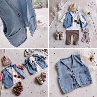 Áo gile denim cho bé trai bé gái, vải jean mềm, dầy vừa, 2 túi thật