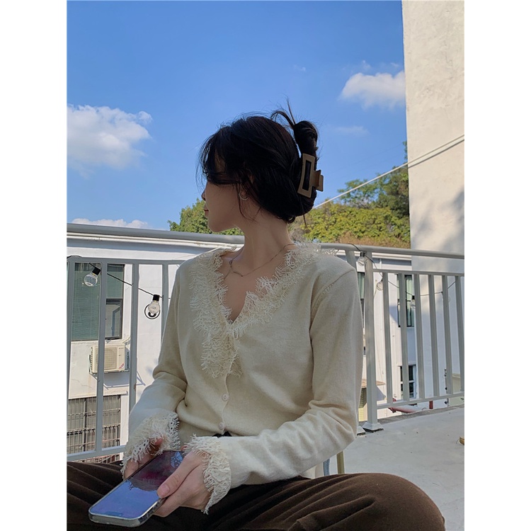 ZHELIHANGFEI Áo Cardigan Dệt Kim Tay Dài Cổ Chữ V Lưng Cao Phối Ren Dễ Phối Đồ