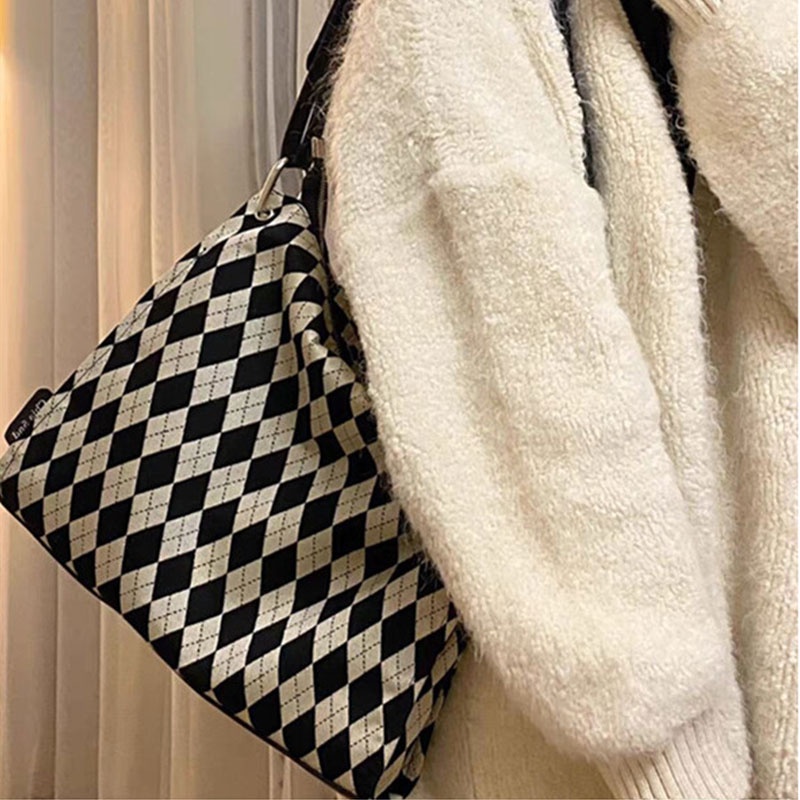 MISCHA Túi Xách Đeo Vai Kích Cỡ Lớn Họa Tiết Sọc Caro Trắng Đen Thời Trang Xu Hướng 2022 Cho Nữ