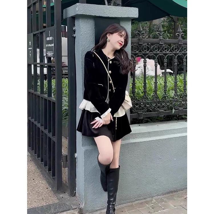 Set áo nhung dài tay viền bèo mix chân váy chữ A cá tính