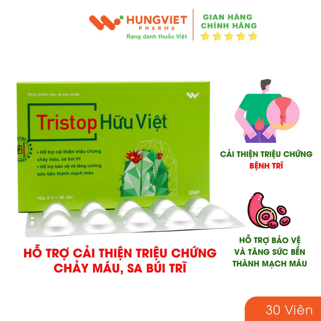 Viên uống Tristop Hữu Việt - Hỗ trợ người bệnh trĩ, tăng sức bền thành mạch HungViet Pharma hộp 30 viên