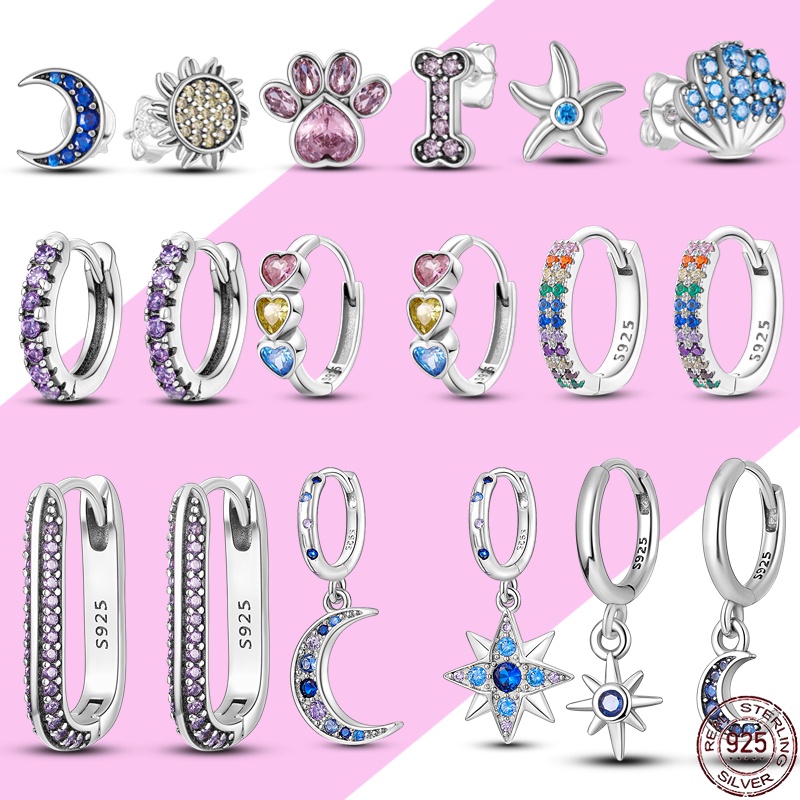 Bông Tai Mạ Bạc 925 Hình Sao Biển / Mặt Trăng Đính Đá Zircon Thời Trang