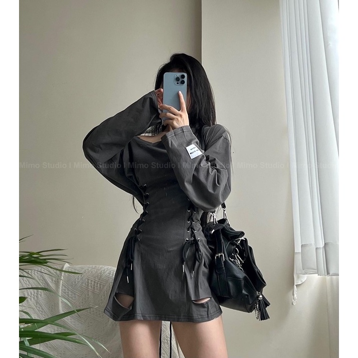 ĐẦM THUN XÁM DÀI TAY CỔ THUYỀN THẮT EO