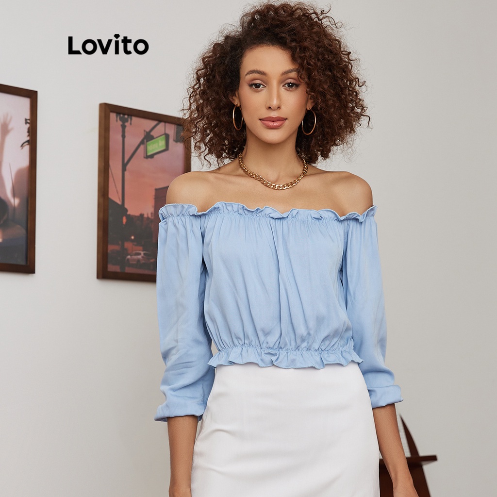 Áo kiểu Lovito hở vai màu trơn phối diềm xếp nếp phong cách thường ngày L19D379 (Màu xanh dương nhạt)