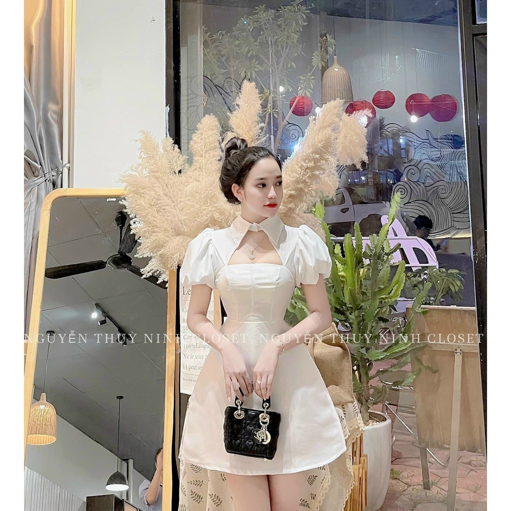 Đầm chữ A dáng xòe hàn quốc, đầm tiểu thư đi chơi phong cách nhẹ nhàng với thiết kế cổ lọ khoét ngực tay phồng dễ thương