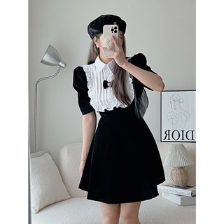 Đầm nhung dáng chữ A cổ sơ mi đính nơ tiểu thư SOBEH