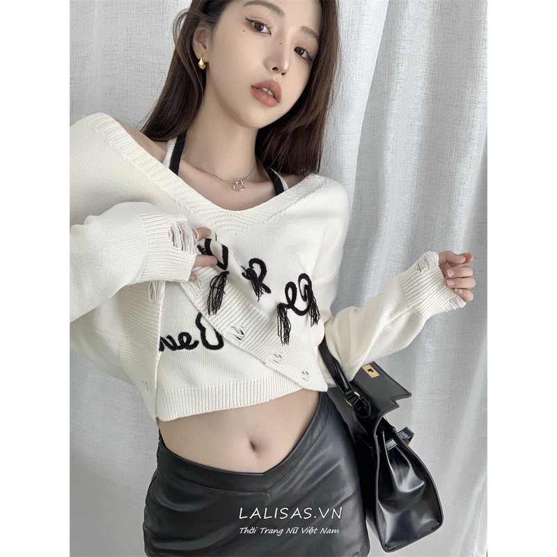 Set Áo Thun Dài Tay Cổ Chữ V + Áo Khoác Không Tay + Chân Váy Tua Rua Thời Trang Nữ