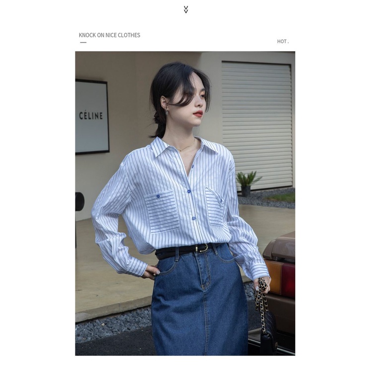Áo Sơ Mi Tay Dài Kẻ Sọc Xanh Dương Phong Cách Pháp Thời Trang Mùa Thu Mới 2022 Cho Nữ