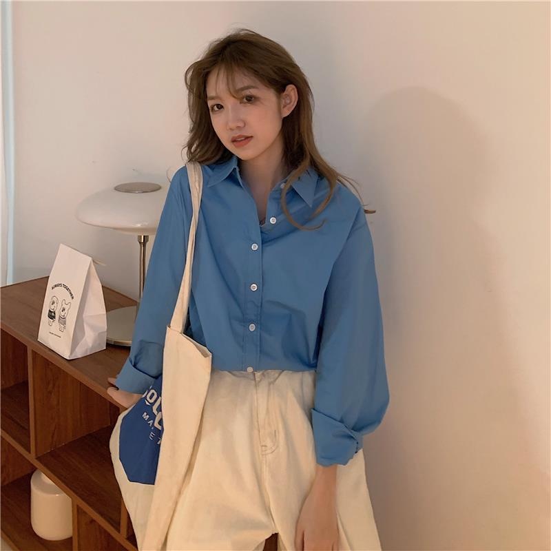 Áo Sơ Mi Tay Dài Dáng Rộng Màu Sắc Đơn Giản Thời Trang Mùa Thu Cho Nữ