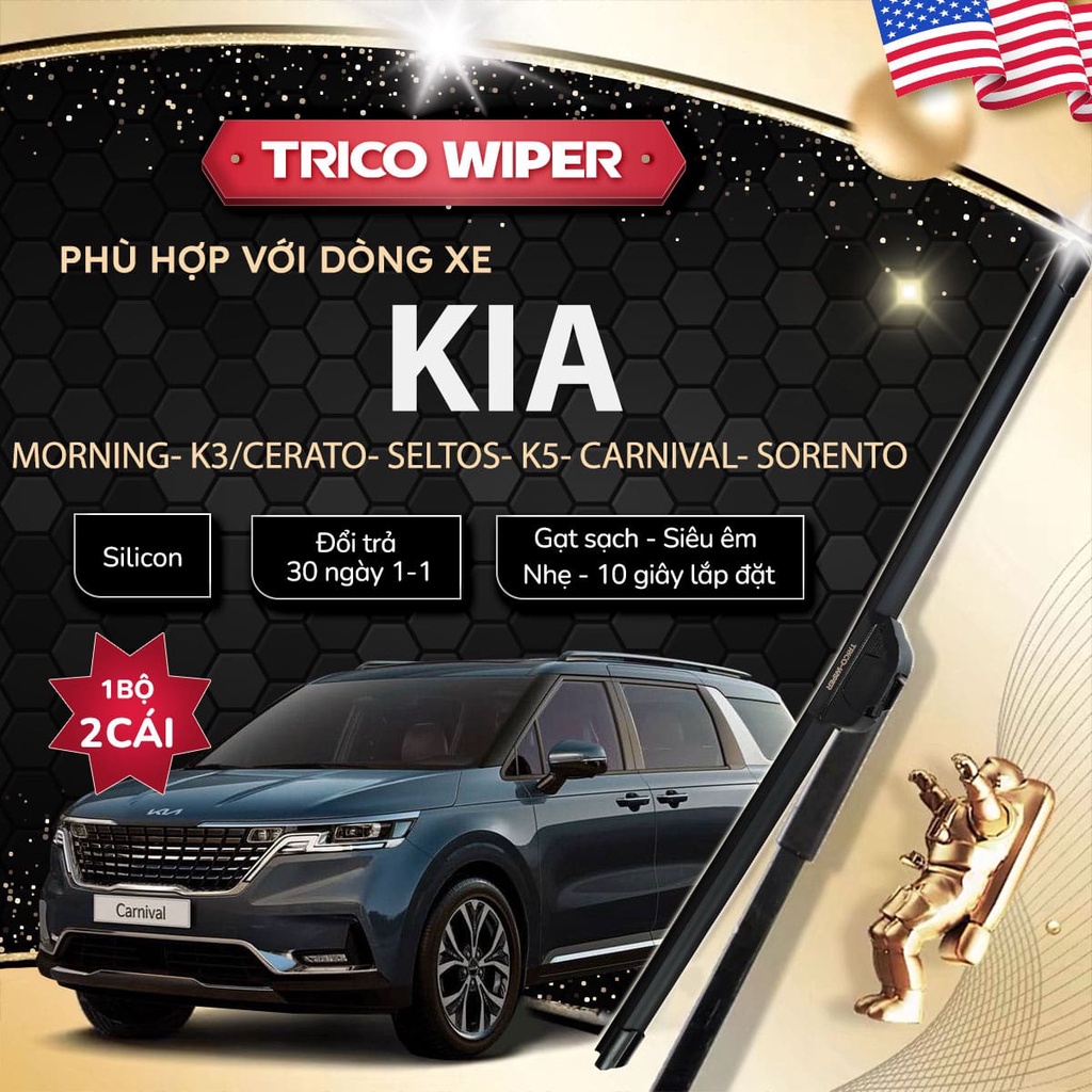 Gạt mưa ô tô KIA, Cần gạt mưa TRICO Silicone không xương thân mềm cho xe Morning,K3,Cerato,Seltos, K5,Carnival,Sorento