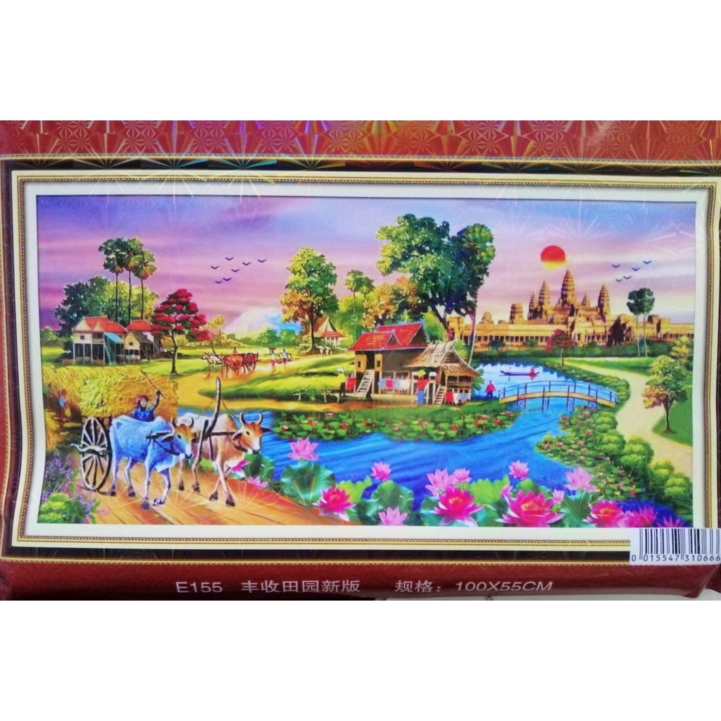 tranh thêu giá rẻ chữ thập phong cảnh nông thôn đẹp E155