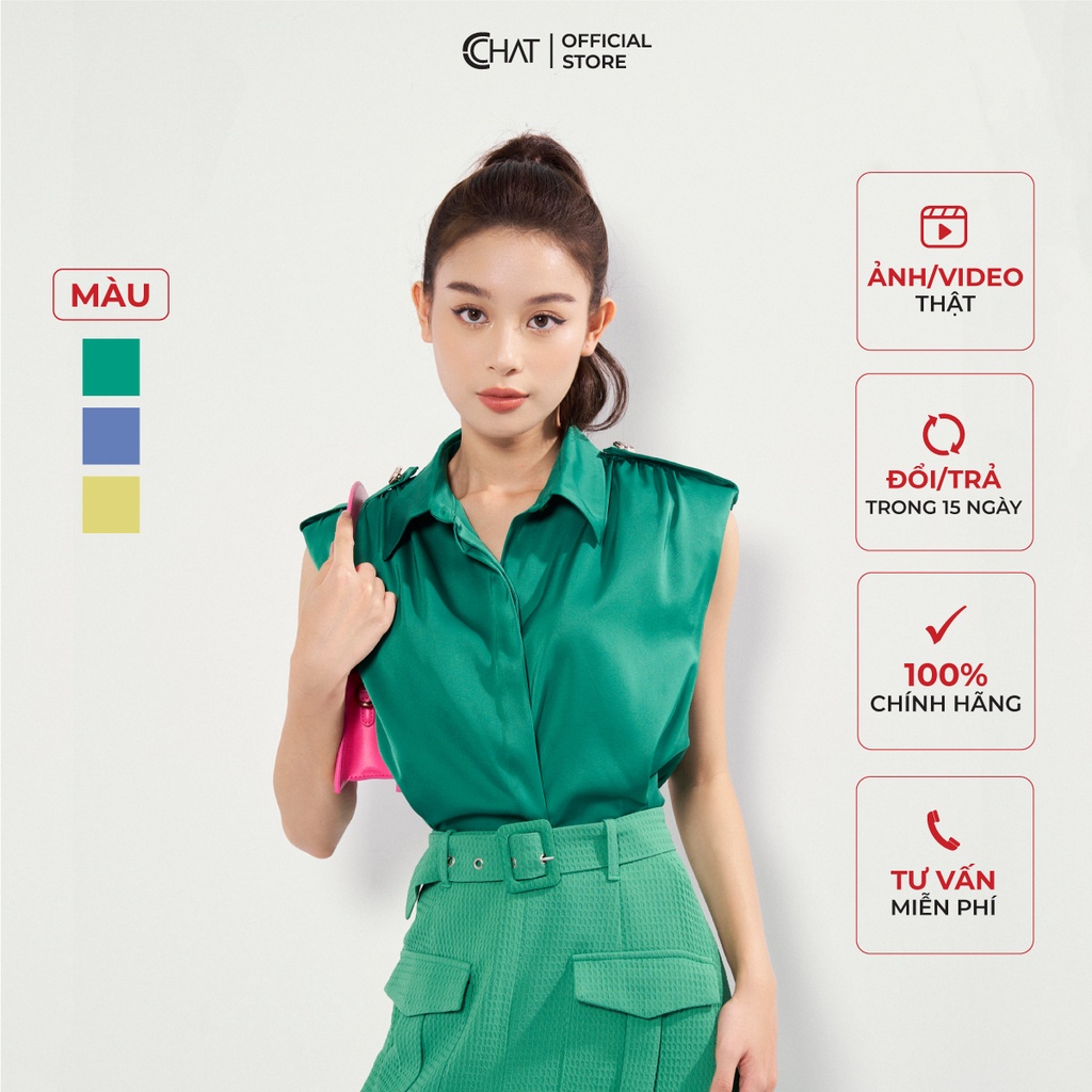 Áo Kiểu Nữ 𝐂𝐂𝐇𝐀𝐓 Dáng Ôm Croptop Đệm Vai Cổ Đức Chất Lụa Cao Cấp 12FSL2005OT