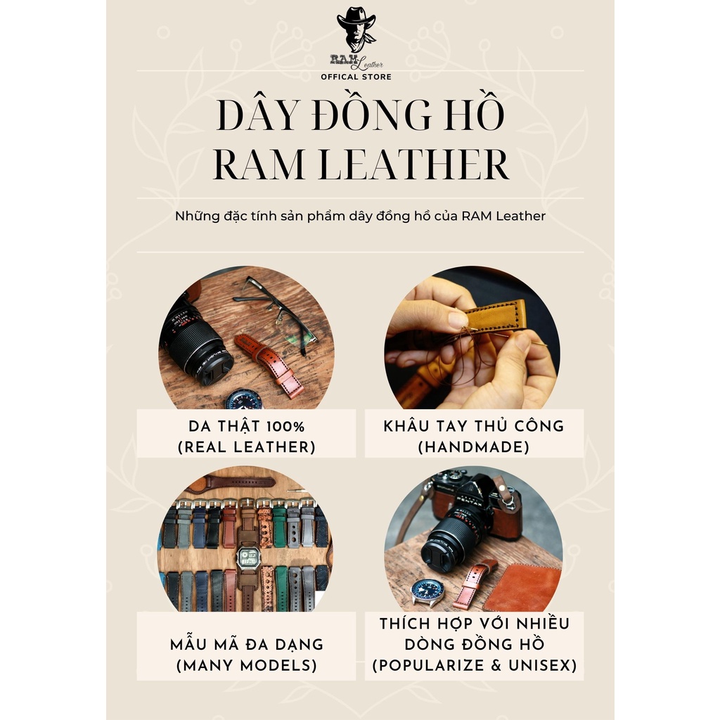Dây Đồng Hồ Da Bò Thật Bền Đẹp Xanh Rêu - Cho Ae 1200 / 1300/ 1100 / 1000 / Seiko / Orient - RAM