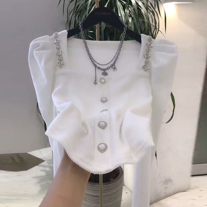 Áo Kiểu Cổ Vuông Tay Phồng Đính Đá Phong Cách Pháp Thời Trang Thu Đông 2022 Mới Cho Nữ