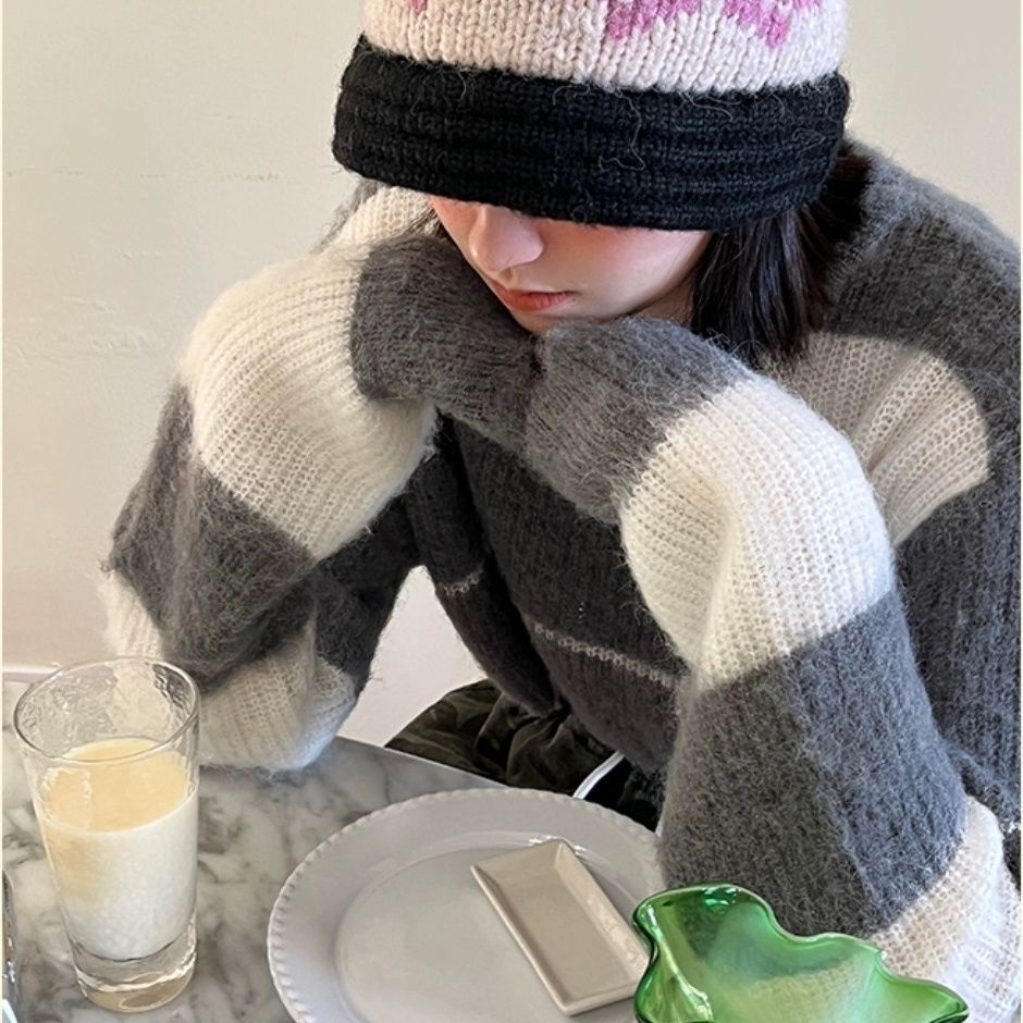 Áo Sweater Tay Dài Dáng Rộng Kẻ Sọc Màu Sắc Tương Phản Phong Cách Retro Hàn Quốc Cho Nữ