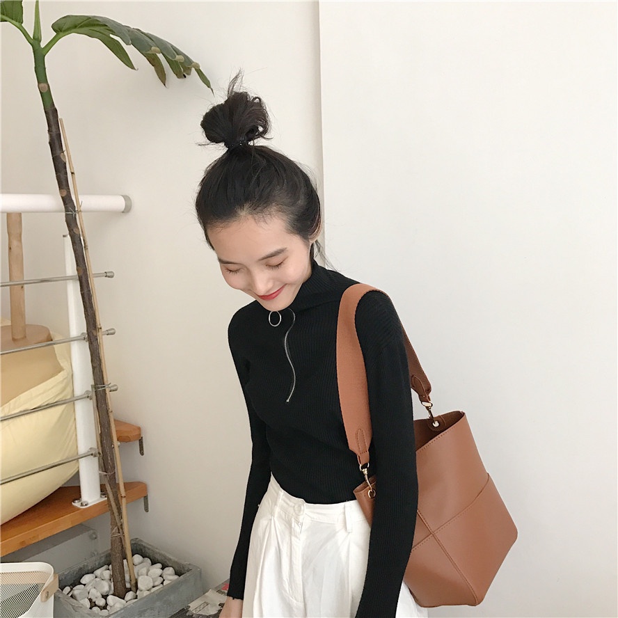 Áo Len Tăm Body Dài Tay Cổ Trụ Kéo Khóa Cho Nữ