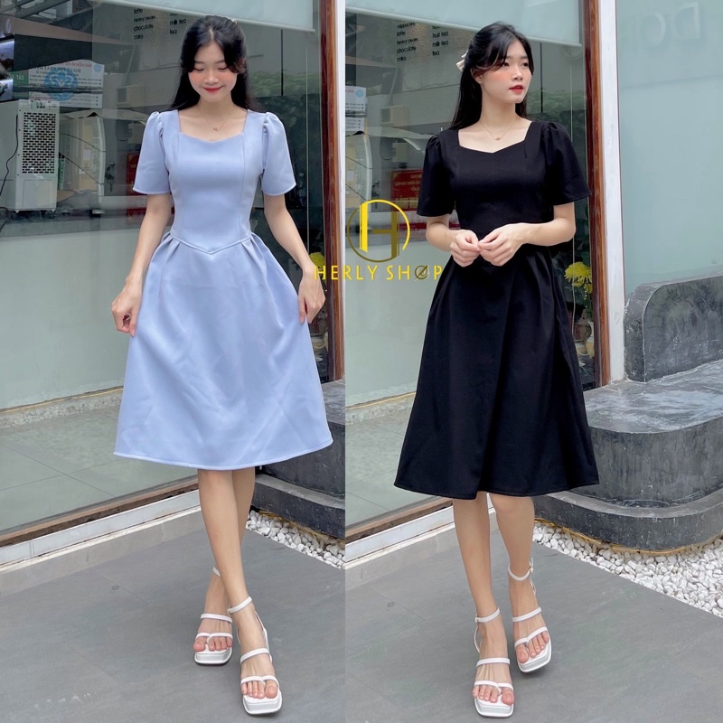 ĐẦM MIDI CỔ V XẾP LY EO TAY BỒNG