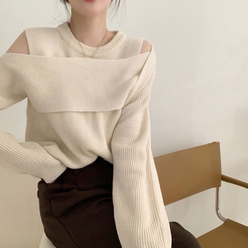 Áo len cổ tròn thiết kế chéo lệch vai sexy phong cách thu đông thời trang Hàn Quốc