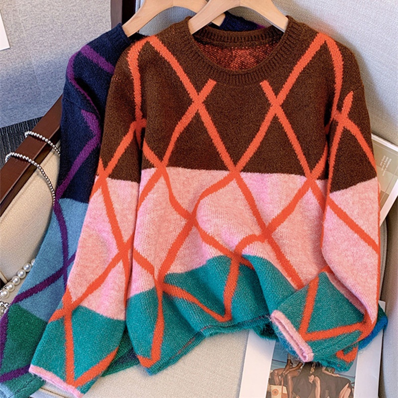 Áo sweater Dáng Rộng Thiết Kế Hình Thoi Độc Đáo Cho Nữ