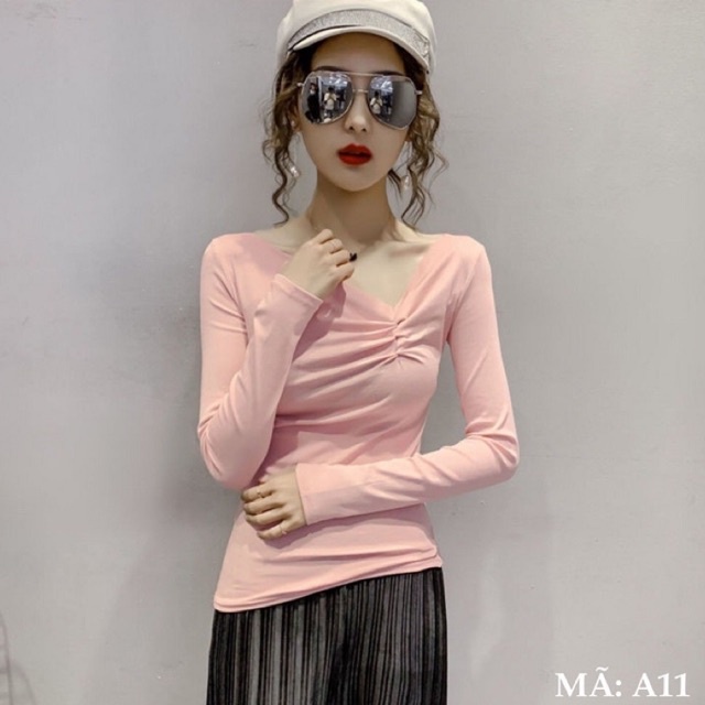 Áo Thun Dài Tay Cổ Nhún Chữ V Lệch Vai Chất Thun Tăm Mềm