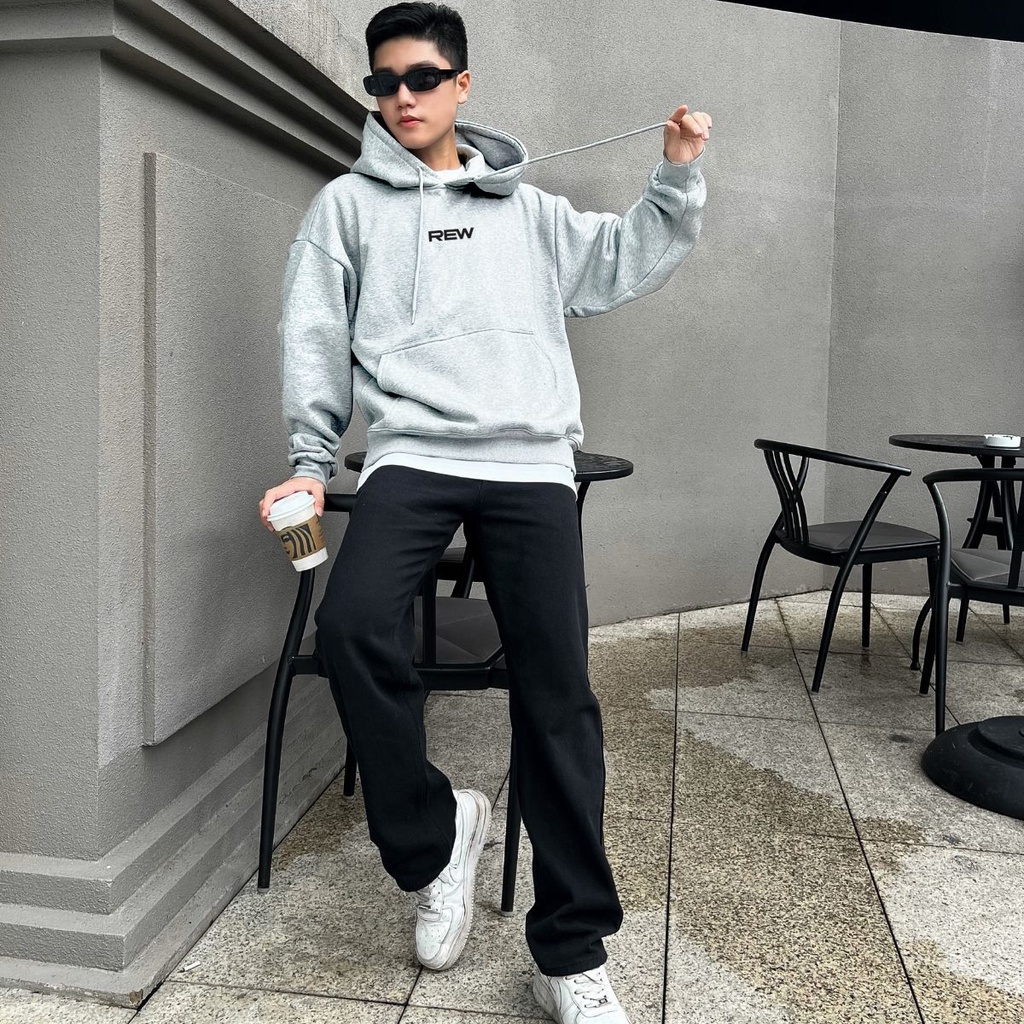 Áo Hoodie xám ghi nhạt form rộng 100% Cotton REW