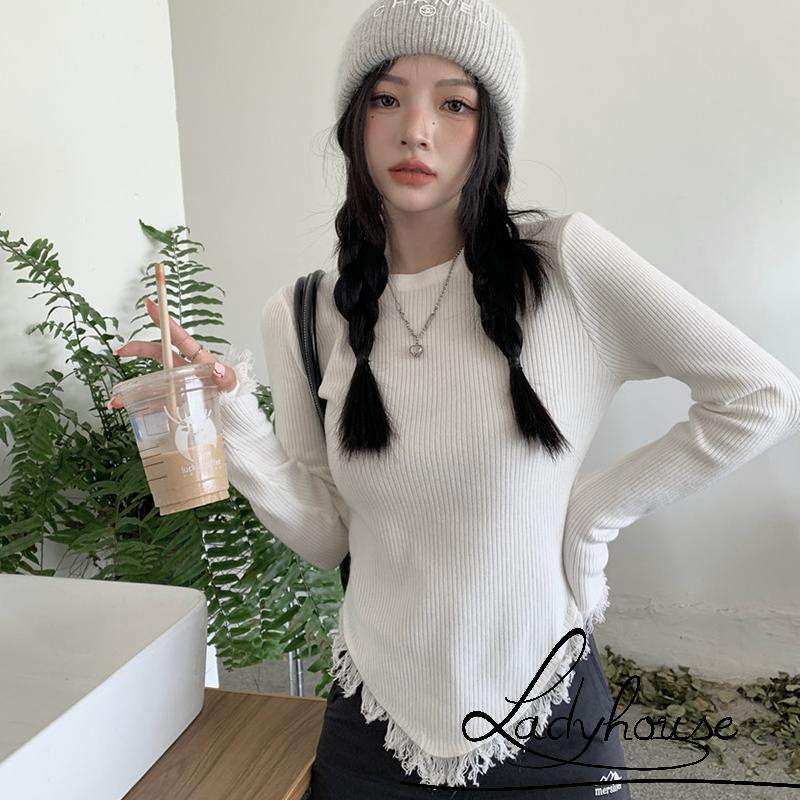 Áo Thun Dệt Kim Tay Dài Cổ Tròn Màu Trơn Viền Tua Rua Thời Trang Mùa Thu Cho Nữ