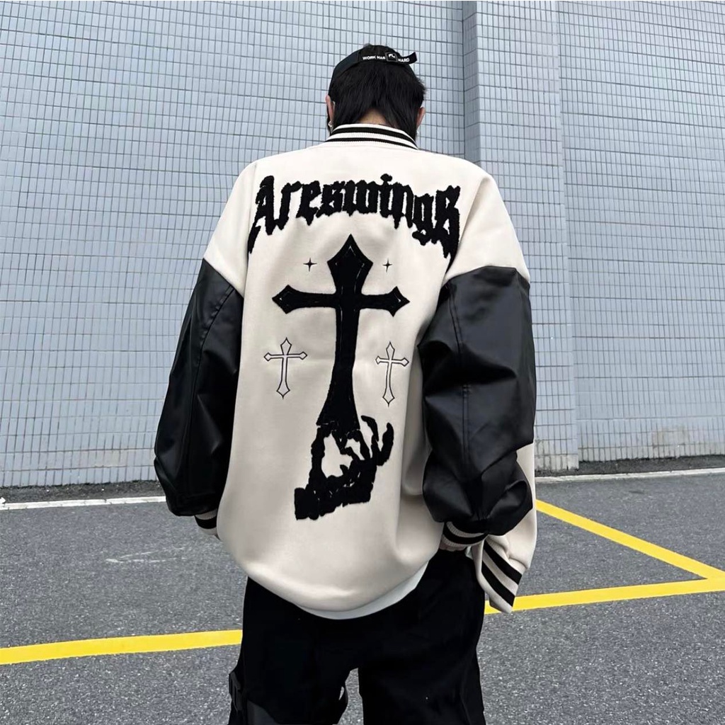 Áo Khoác varsity Thêu chữ thập vintage chất dạ 2 lớp phối tay da Pu cao cấp KunShop04