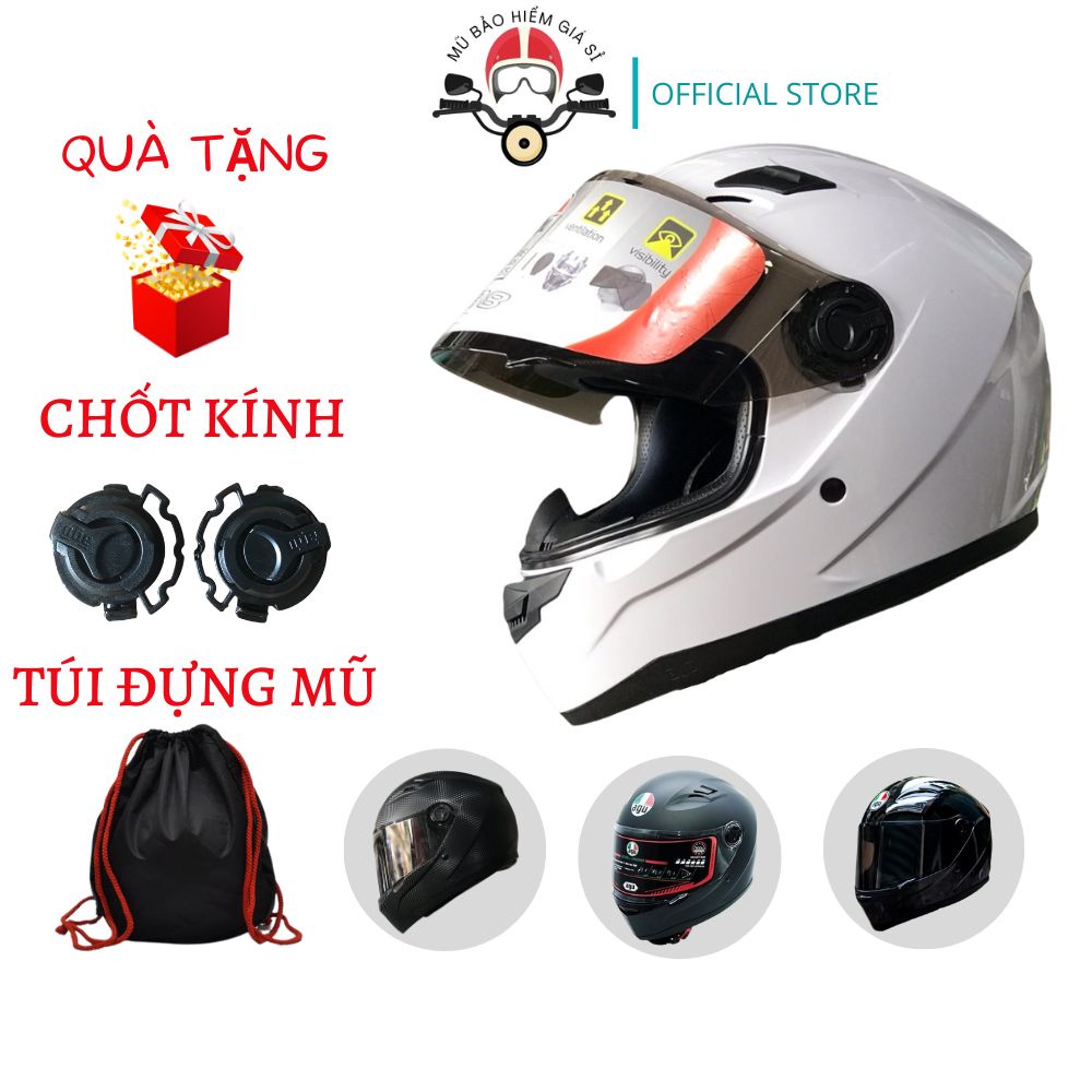 MŨ BẢO HIỂM FULL FACE AGU A138 TRẮNG BÓNG TẶNG CHỐT KÍNH + TÚI ĐỰNG MŨ.