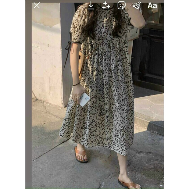 [11.11 Sale Freeship] Đầm voan hoa,đâm voan hoa nữ dáng xòe cổ tròn tay ngắn thắt nơ họa tiết hoa xinh xắn đáng yêu mtb