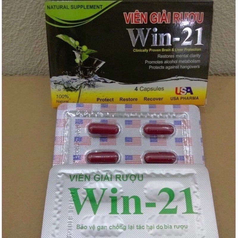 Viên giải rượu Win-21 USA hộp 4V, Uống 2 viên chống say trước khi uống rượu bia, Giúp giải rượu nhanh chóng giải độc gan