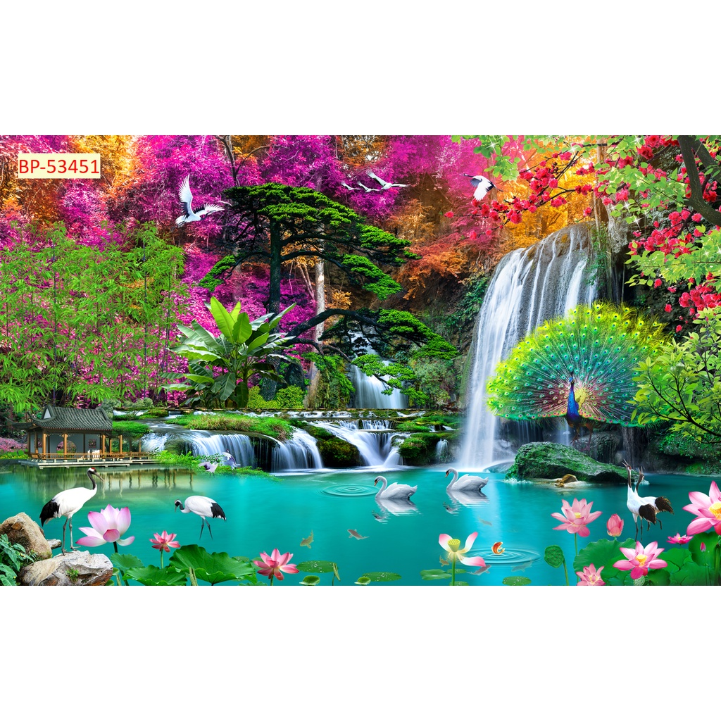 Tranh 3D phong cảnh thác nước chảy, sông suối nên thơ