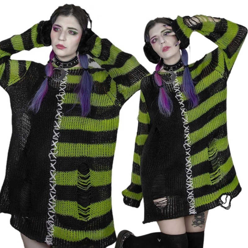 Áo Sweater Dệt Kim Cổ Tròn Dáng Rộng Phối Màu Rách Cá Tính Cho Nữ