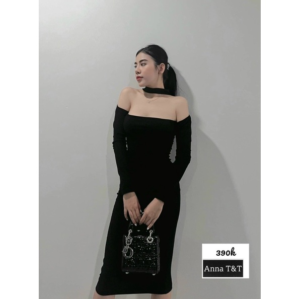 Đầm Body Gân Trễ Vai Tay Dài Đai Cổ Dáng Dài Ôm Body