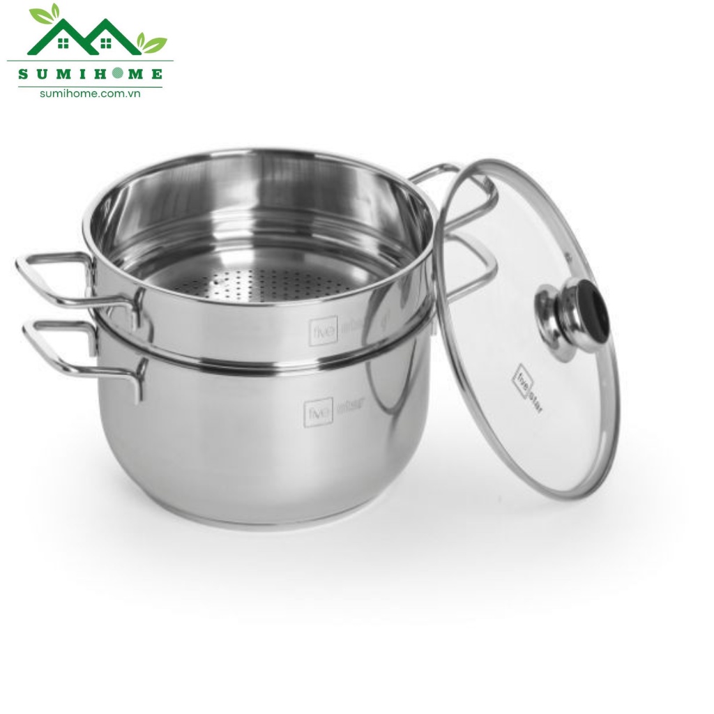 Bộ xửng hấp 3 đáy inox 430 FiveStar Standard nắp kính (24cm /26cm / 28cm /30cm /32cm) - SUMIHOME